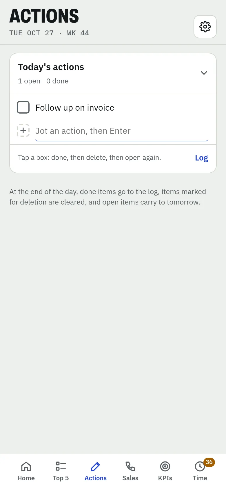 Actions screen